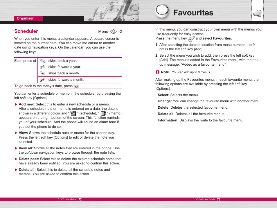 Favourites, Scheduler | LG C1200 User Manual | Page 37 / 49