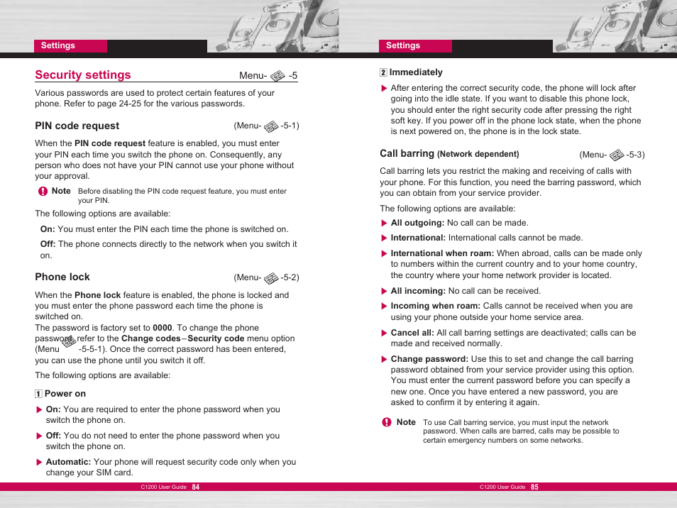 Security settings | LG C1200 User Manual | Page 43 / 49