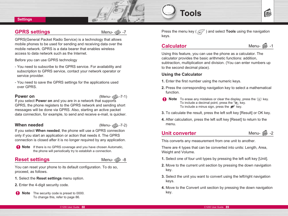 Tools, Gprs settings, Reset settings | Calculator, Unit converter | LG C1200 User Manual | Page 45 / 49