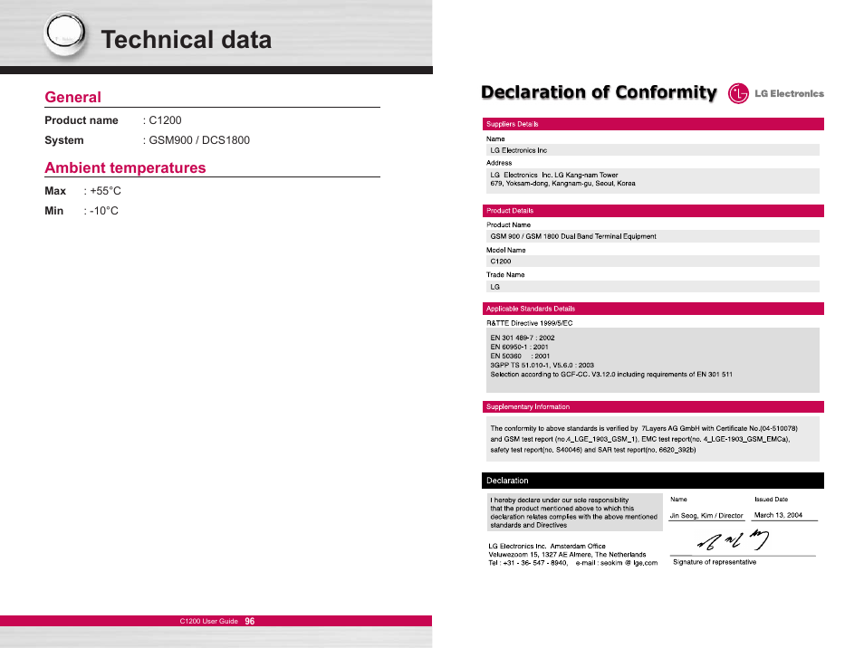 Technical data | LG C1200 User Manual | Page 49 / 49