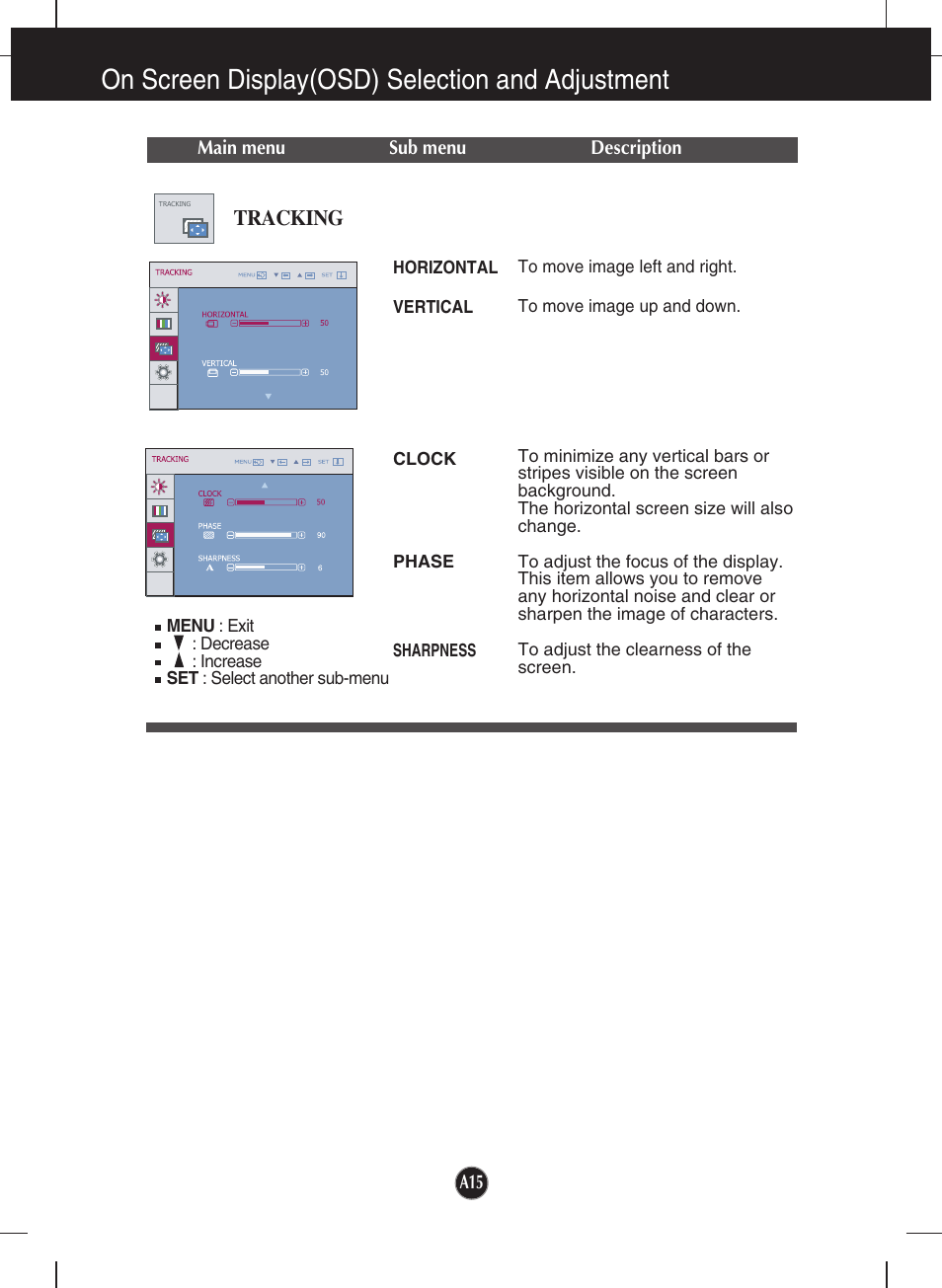 Tracking, On screen display(osd) selection and adjustment | LG W2343T User Manual | Page 16 / 28