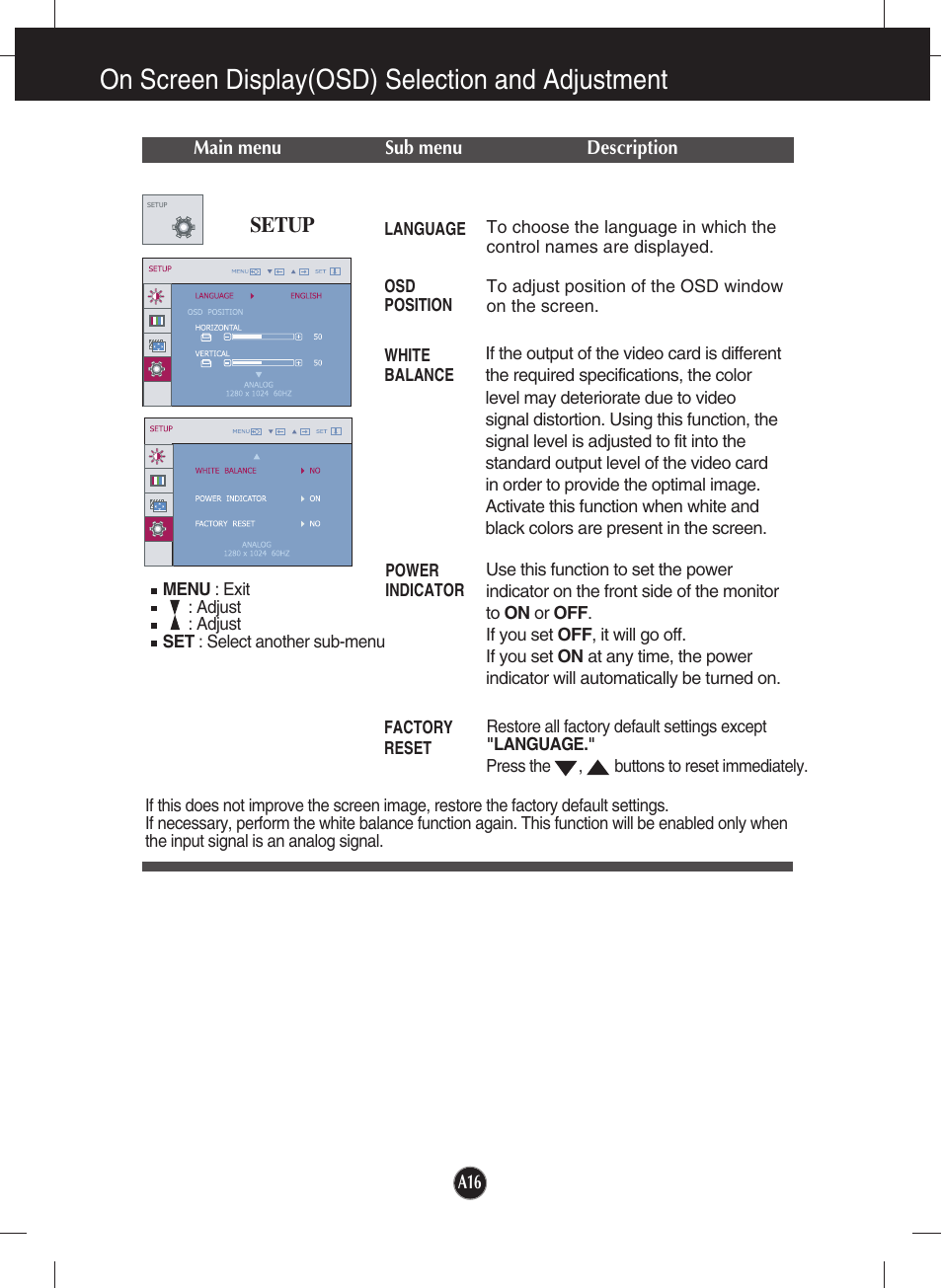 Setup, On screen display(osd) selection and adjustment | LG W2343T User Manual | Page 17 / 28