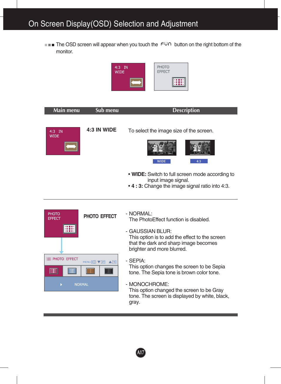 3 in wide, Photo effect, On screen display(osd) selection and adjustment | LG W2343T User Manual | Page 18 / 28