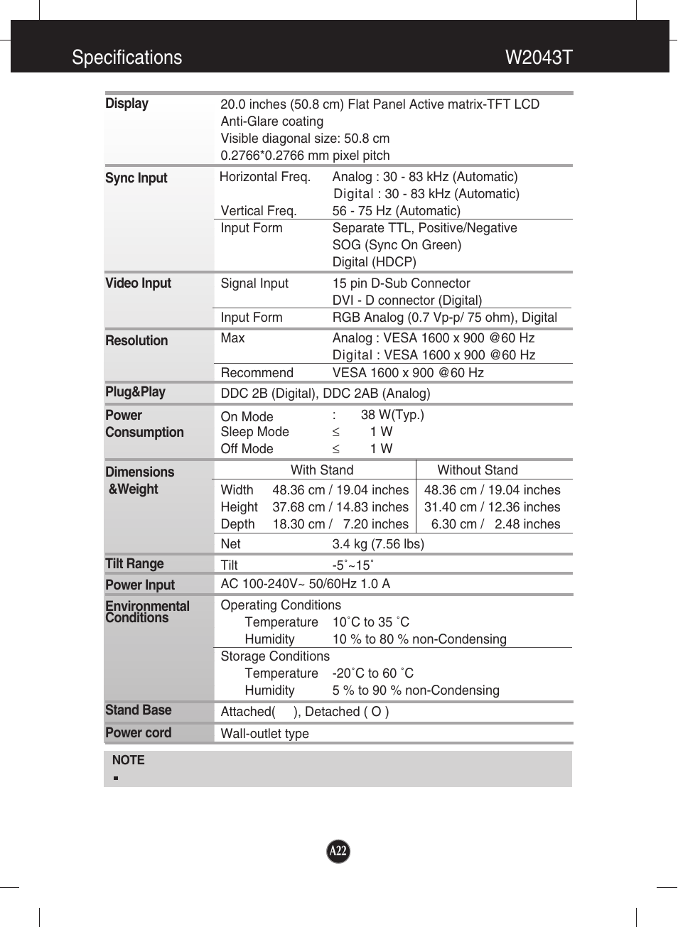 Specifications, W2043t, Specifications w2043t | LG W2343T User Manual | Page 23 / 28