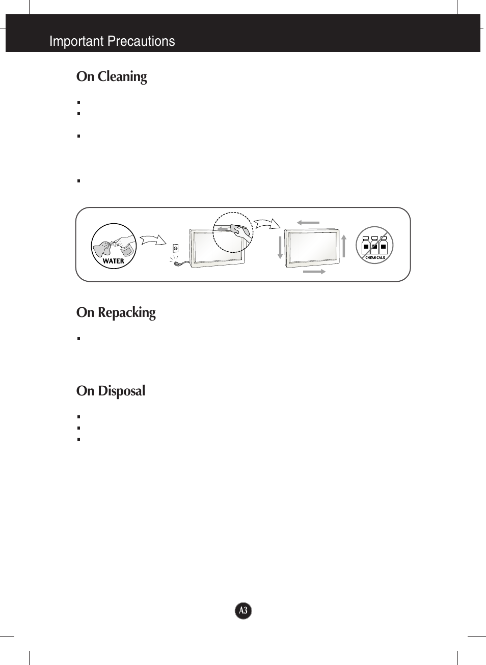 On cleaning, On repacking, On disposal | Important precautions on cleaning | LG W2343T User Manual | Page 4 / 28