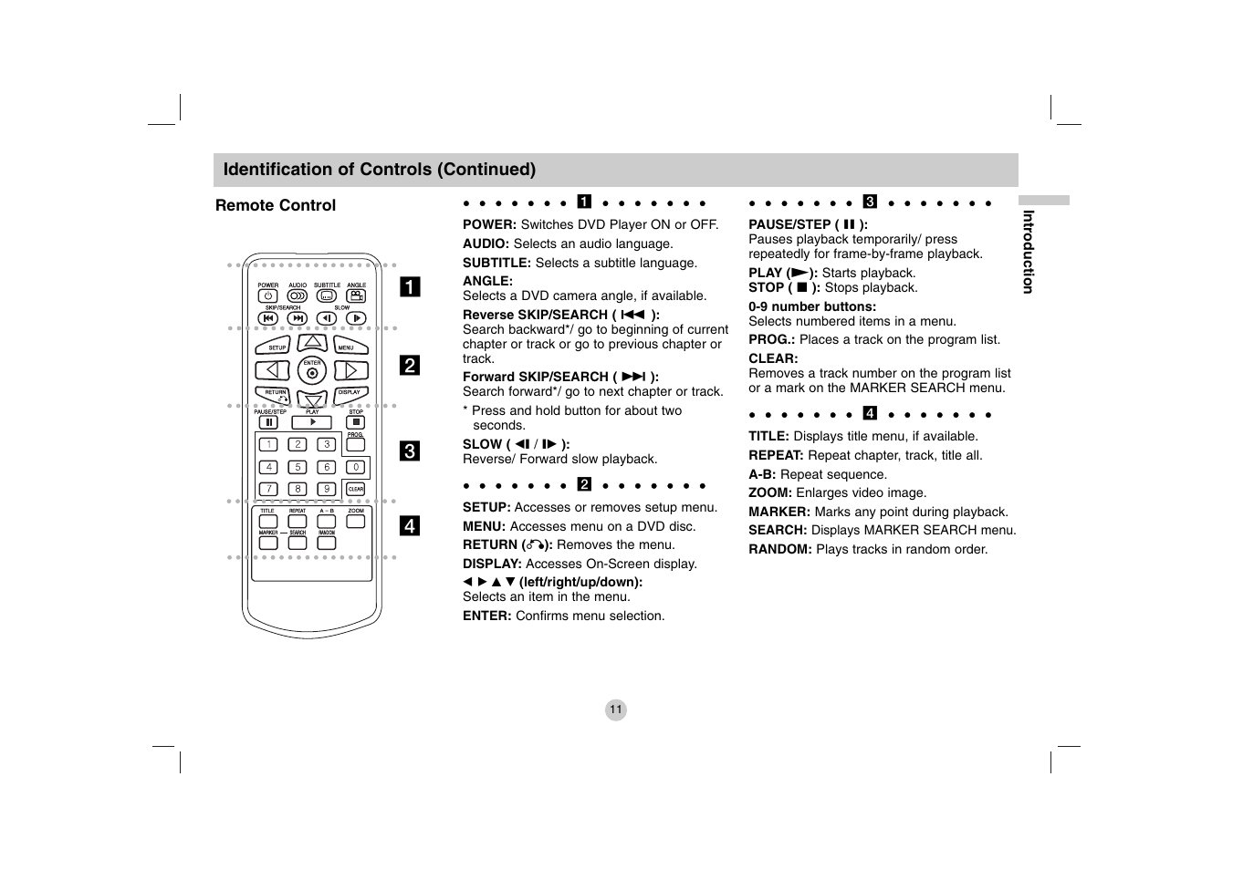 Ab c d, Identification of controls (continued), Remote control | LG DP771 User Manual | Page 11 / 44