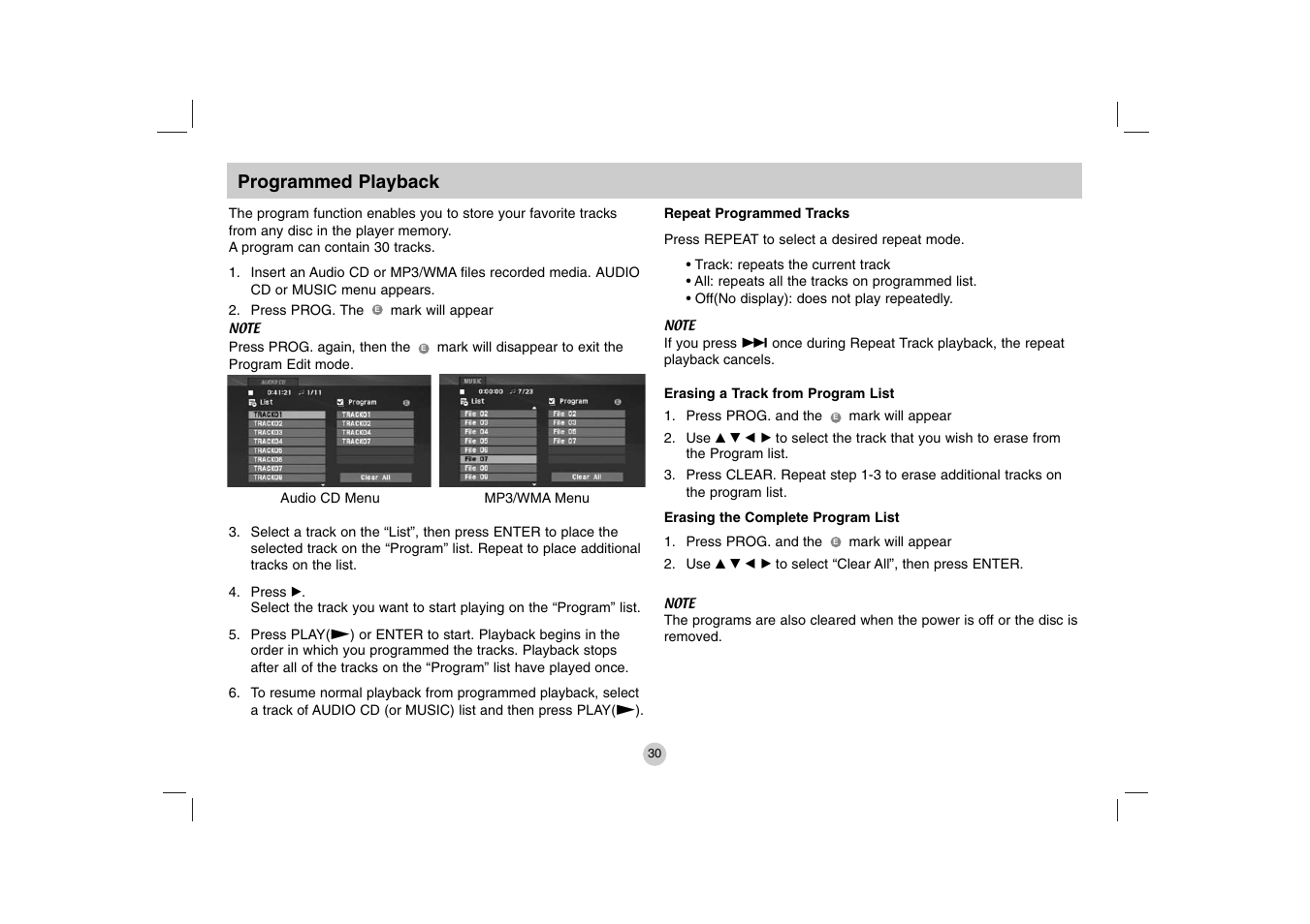 Programmed playback | LG DP771 User Manual | Page 30 / 44