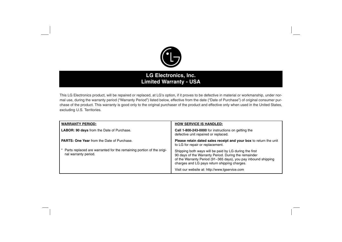 Lg electronics, inc. limited warranty - usa | LG DP771 User Manual | Page 43 / 44