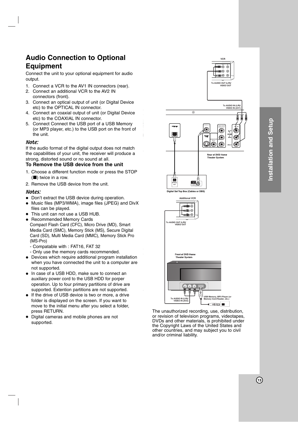 Audio connection to optional equipment, Installation and setup | LG LH-E9674 User Manual | Page 13 / 40