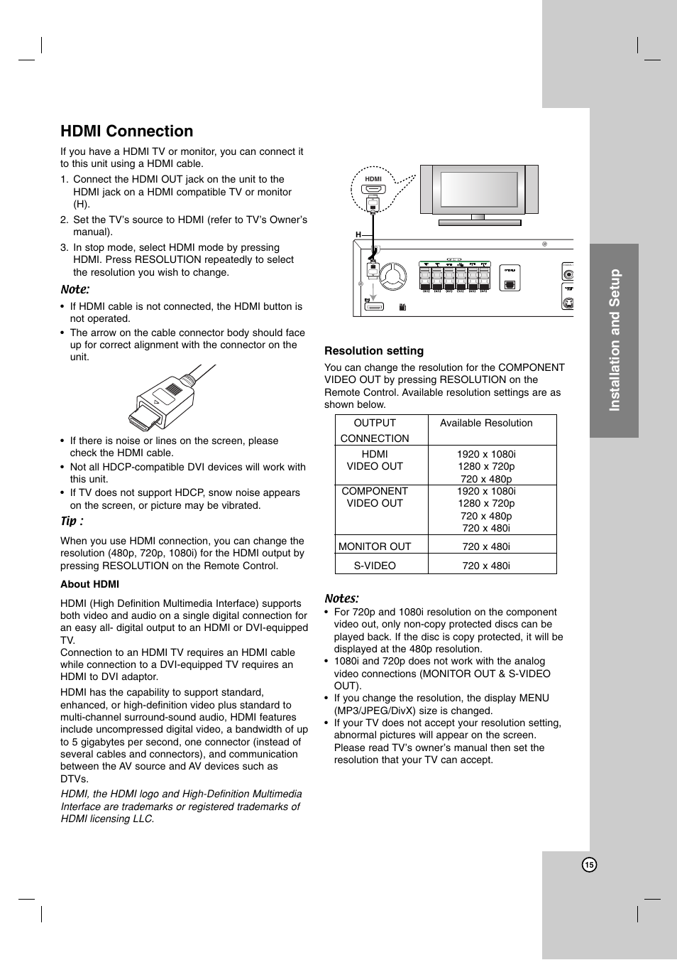 Hdmi connection, Installation and setup | LG LH-E9674 User Manual | Page 15 / 40