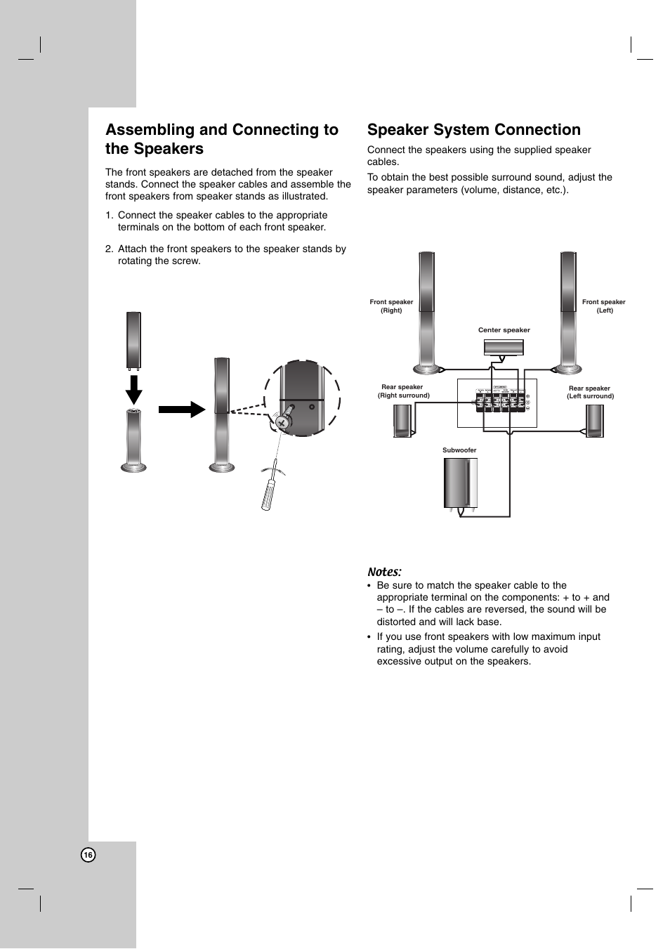 Assembling and connecting to the speakers, Speaker system connection | LG LH-E9674 User Manual | Page 16 / 40