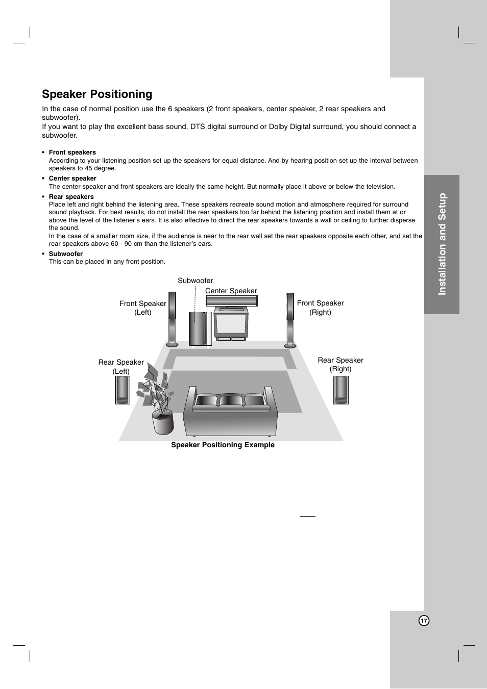 Speaker positioning, Installation and setup | LG LH-E9674 User Manual | Page 17 / 40