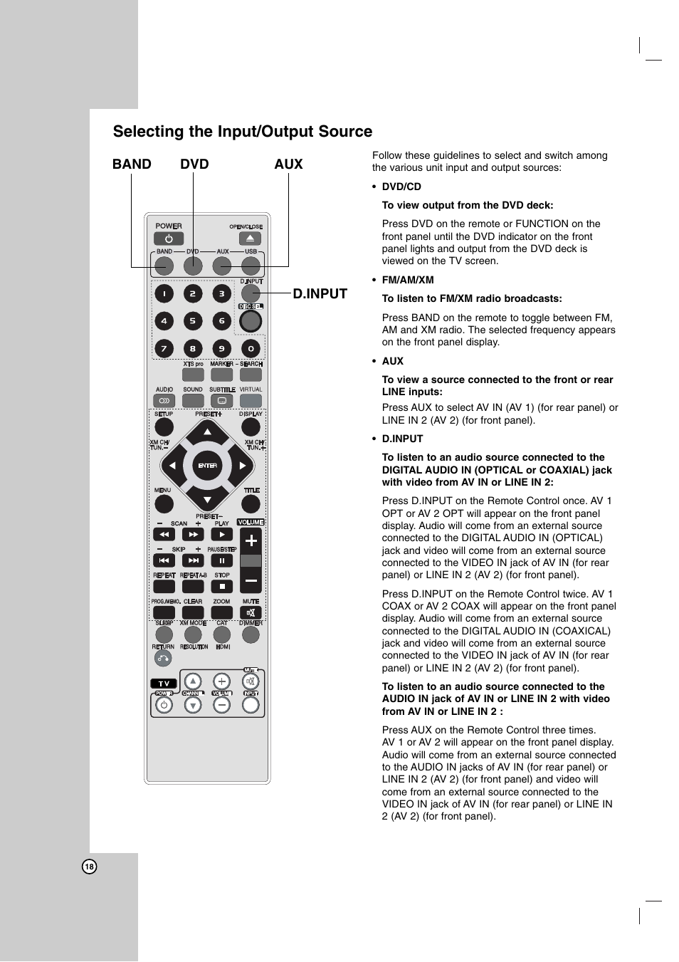 Selecting the input/output source, Band dvd aux d.input | LG LH-E9674 User Manual | Page 18 / 40