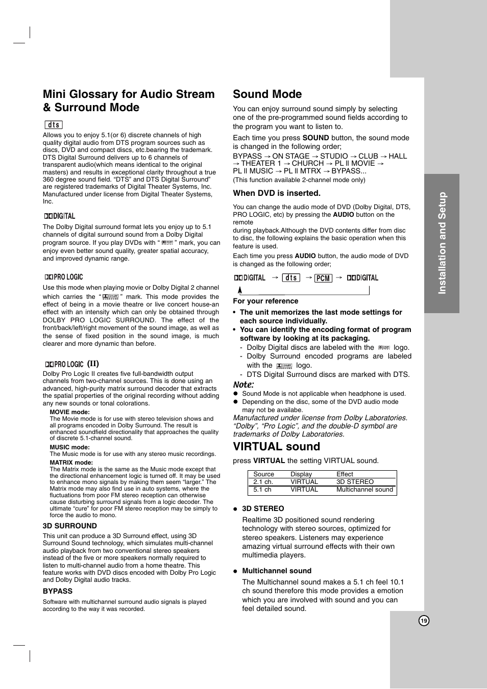 Mini glossary for audio stream & surround mode, Sound mode, Virtual sound | Installation and setup | LG LH-E9674 User Manual | Page 19 / 40