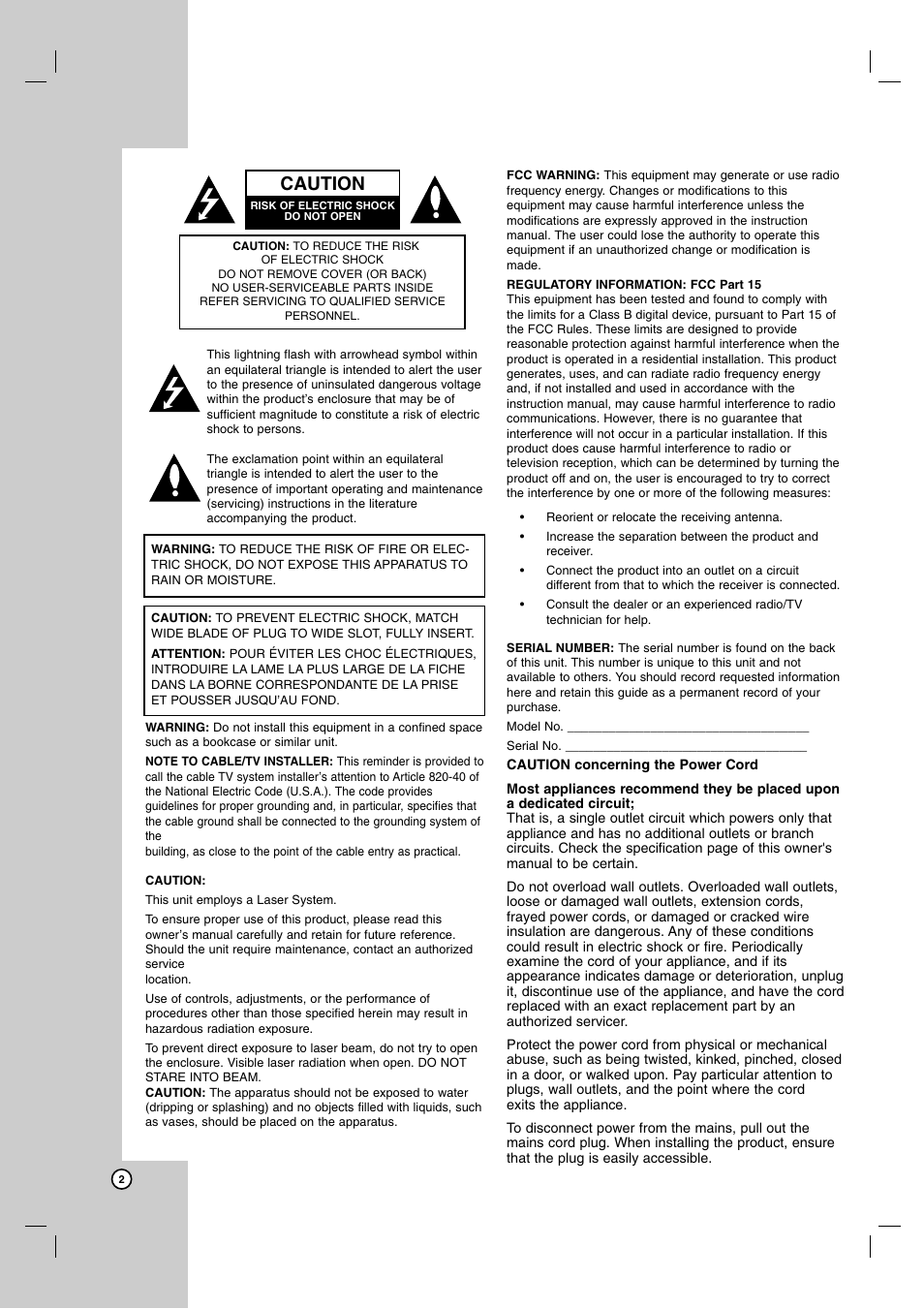 Caution | LG LH-E9674 User Manual | Page 2 / 40