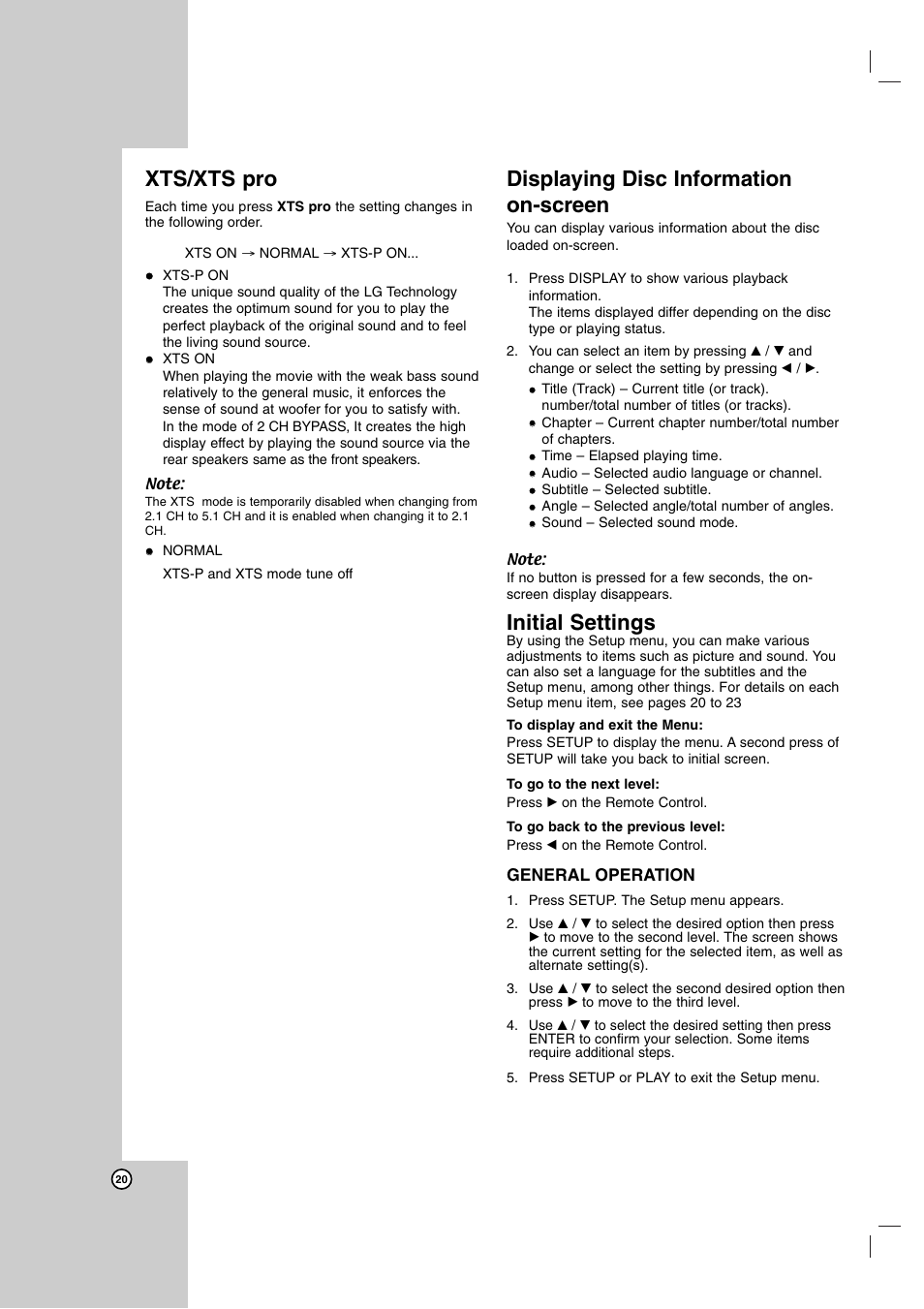 Xts/xts pro, Displaying disc information on-screen, Initial settings | LG LH-E9674 User Manual | Page 20 / 40