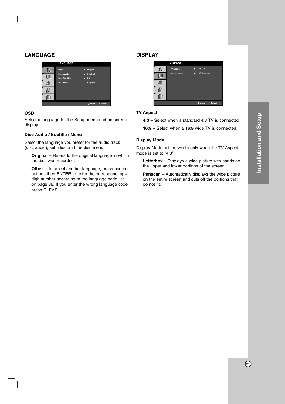 Installation and setup, Language, Display | LG LH-E9674 User Manual | Page 21 / 40