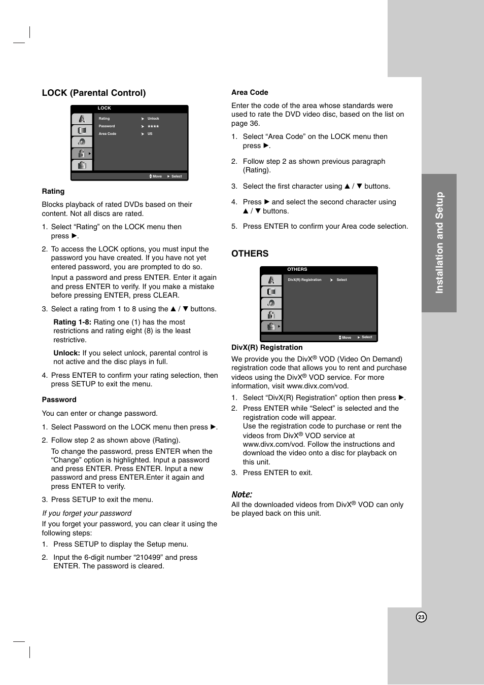 Installation and setup, Lock (parental control), Others | LG LH-E9674 User Manual | Page 23 / 40