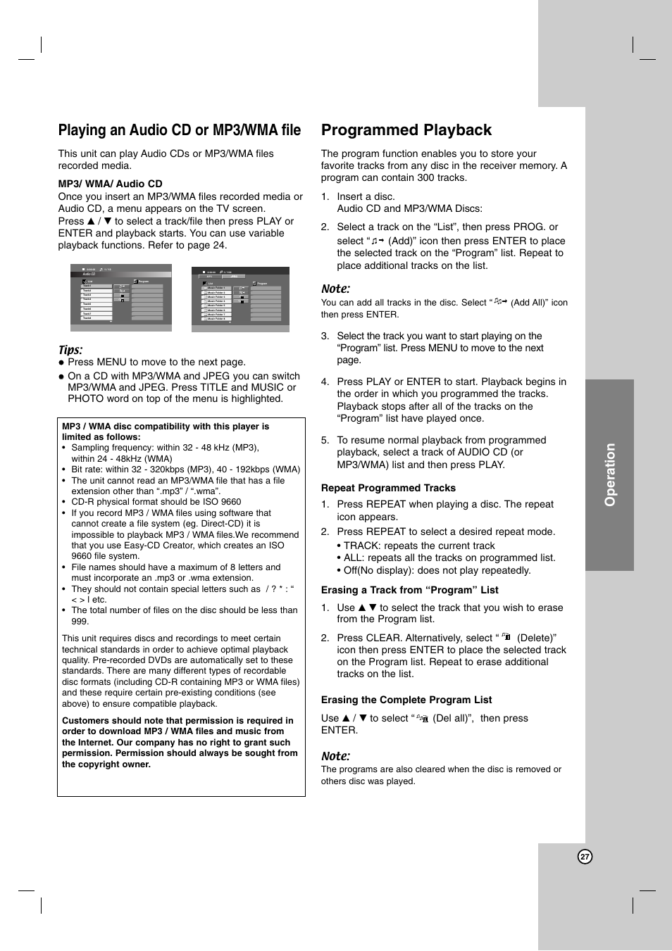 Playing an audio cd or mp3/wma file, Programmed playback, Operation | LG LH-E9674 User Manual | Page 27 / 40