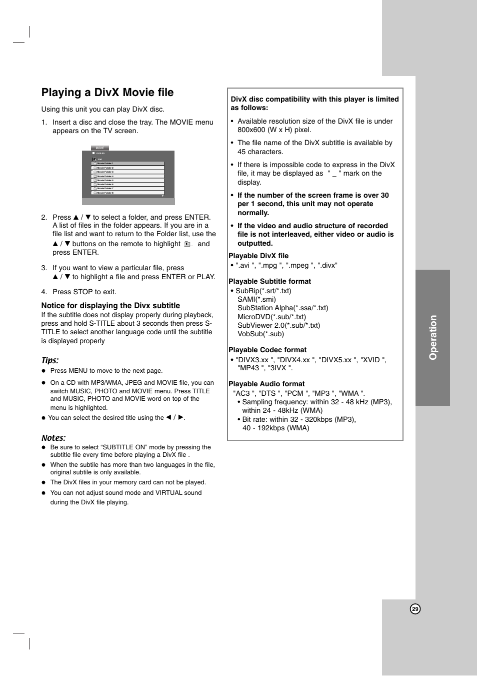 Playing a divx movie file, Operation, Notice for displaying the divx subtitle | LG LH-E9674 User Manual | Page 29 / 40