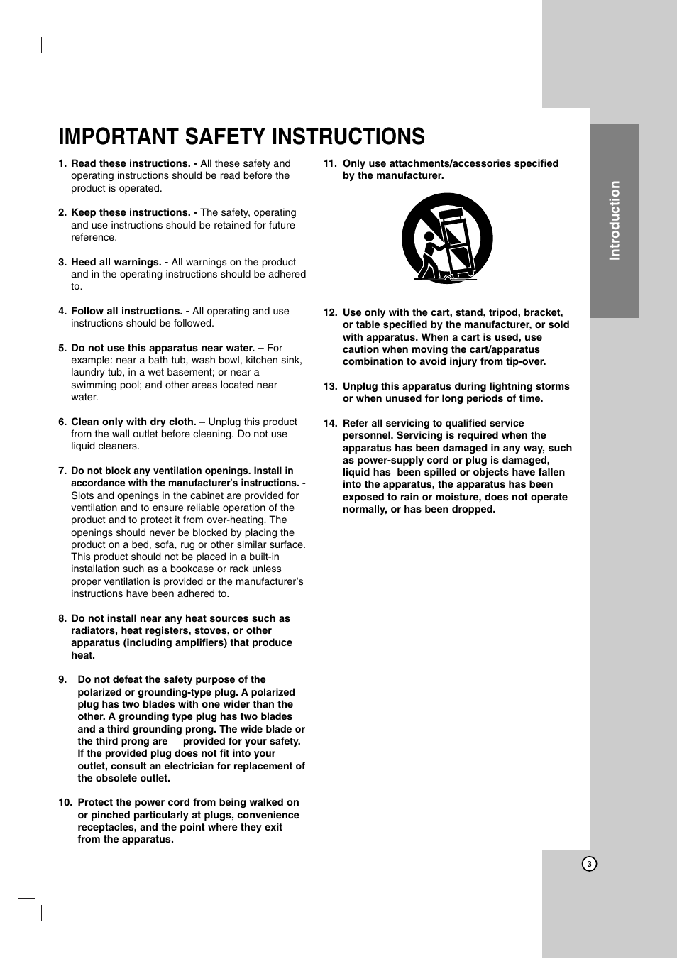 Important safety instructions, Introduction | LG LH-E9674 User Manual | Page 3 / 40