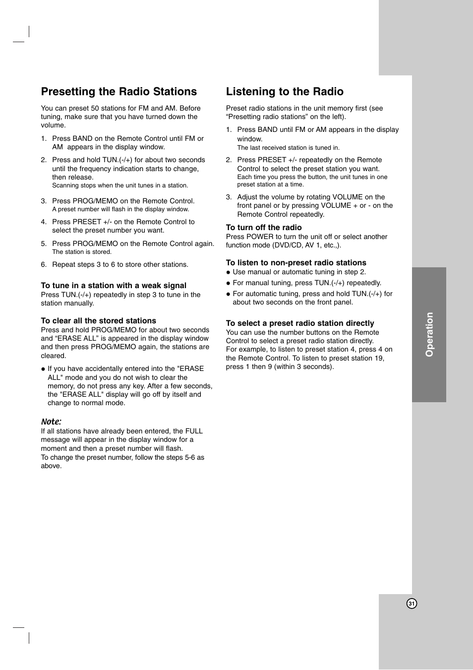 Presetting the radio stations, Listening to the radio, Operation | LG LH-E9674 User Manual | Page 31 / 40