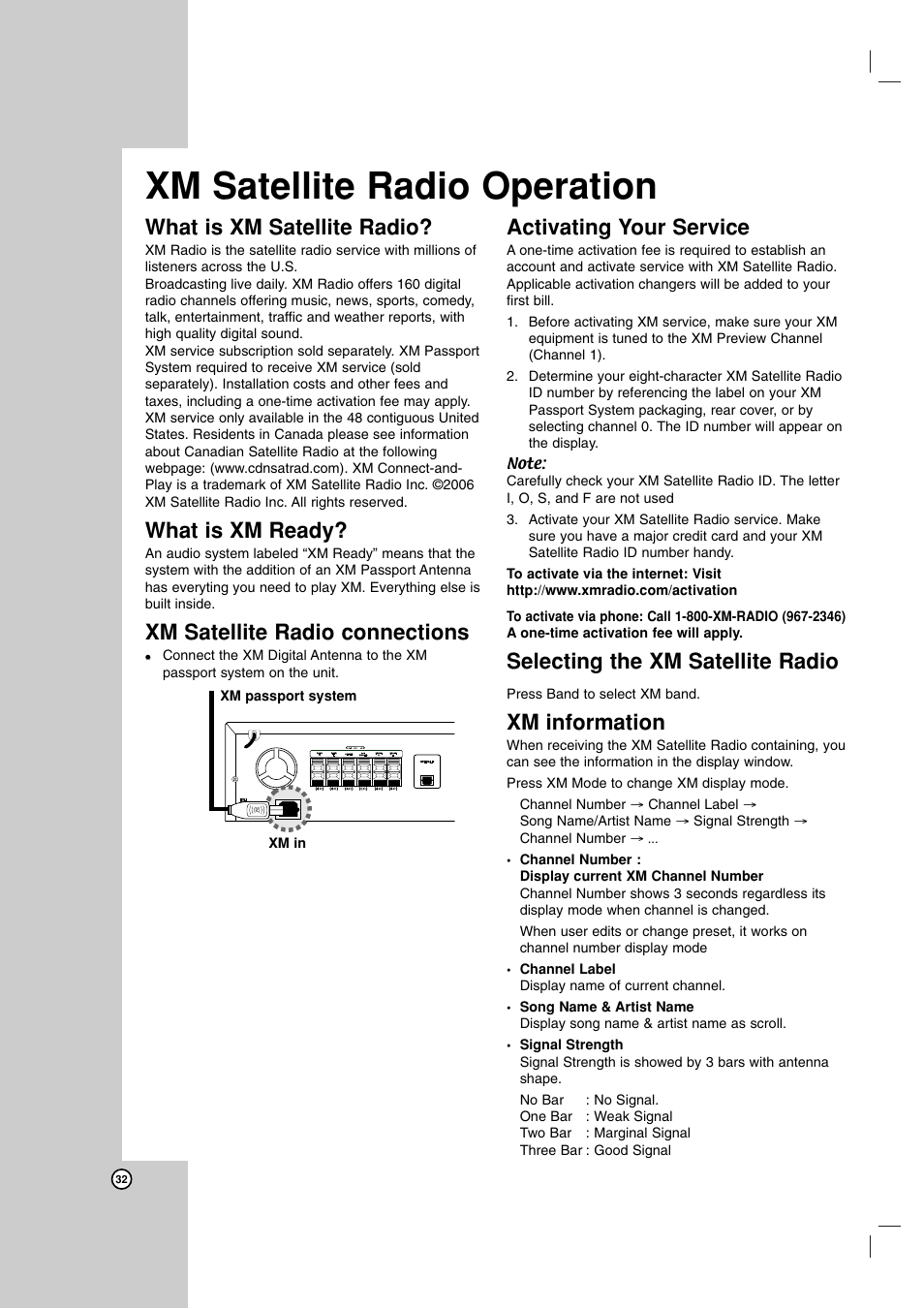 Xm satellite radio operation, What is xm satellite radio, What is xm ready | Xm satellite radio connections, Activating your service, Selecting the xm satellite radio, Xm information | LG LH-E9674 User Manual | Page 32 / 40