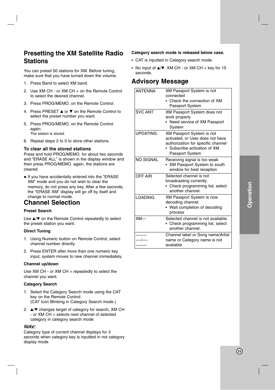 Presetting the xm satellite radio stations, Channel selection, Advisory message | Operation | LG LH-E9674 User Manual | Page 33 / 40
