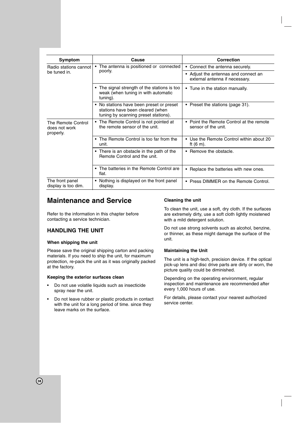 Maintenance and service | LG LH-E9674 User Manual | Page 38 / 40