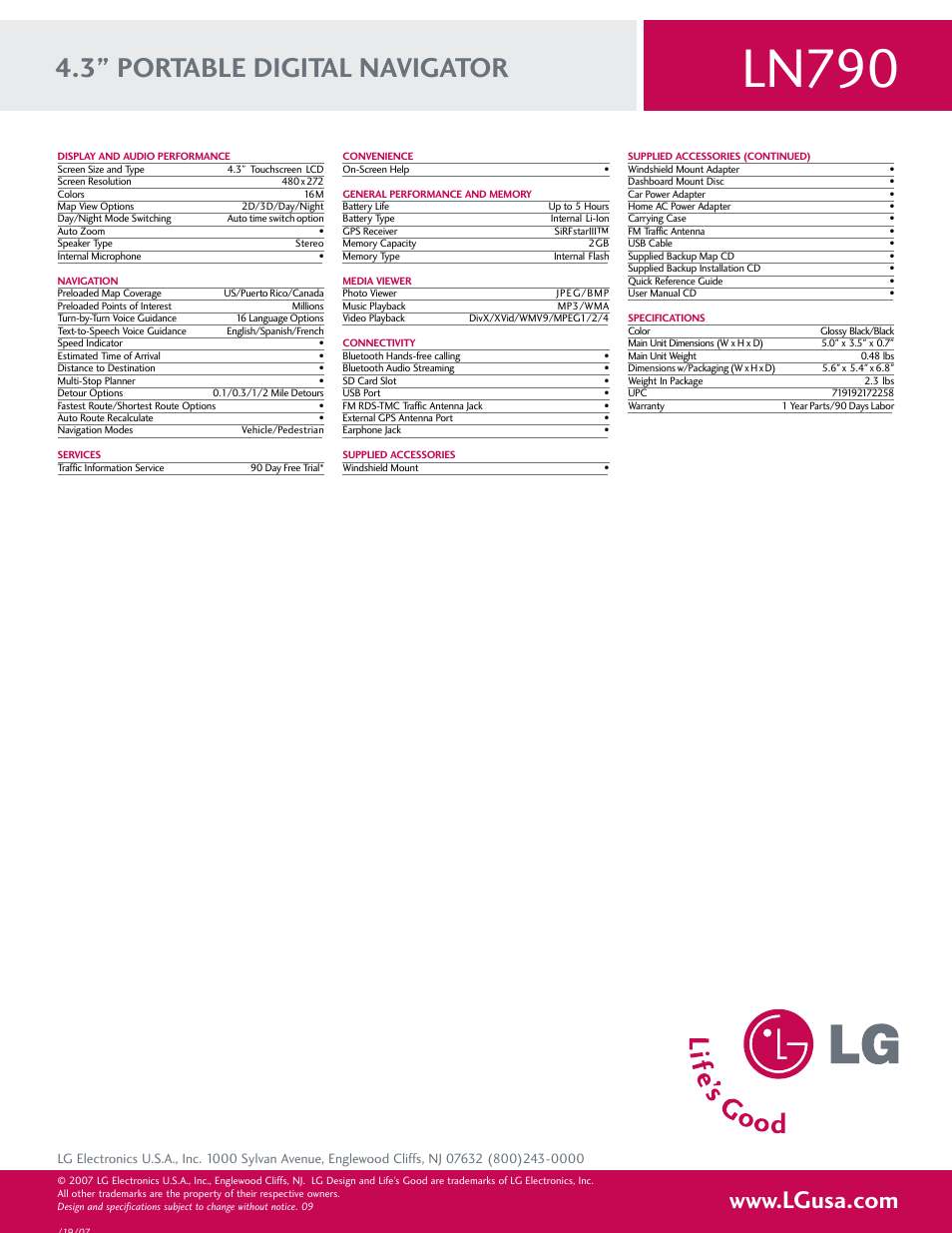 Ln790, 3” portable digital navigator | LG LN790 User Manual | Page 2 / 2