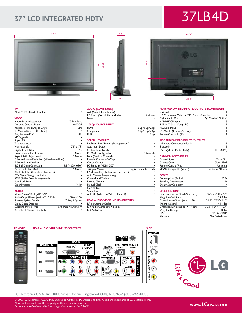 37lb4d, 37” lcd integrated hdtv | LG 37LB4D User Manual | Page 2 / 2