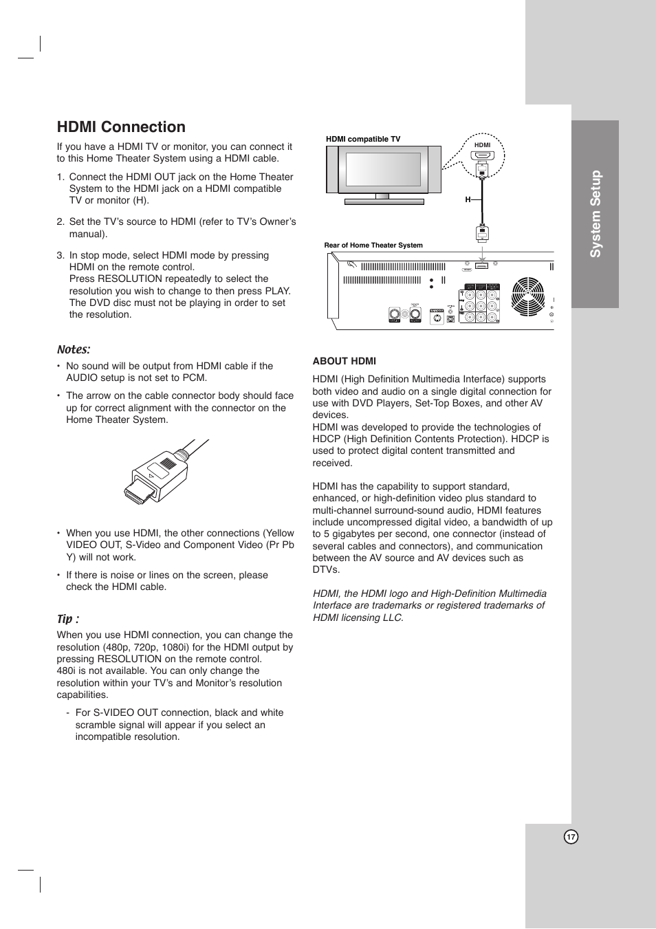 Hdmi connection, System setup | LG LHX-557 User Manual | Page 17 / 56