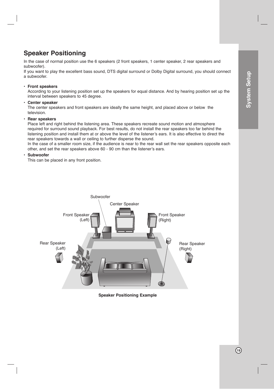 Speaker positioning, System setup | LG LHX-557 User Manual | Page 19 / 56