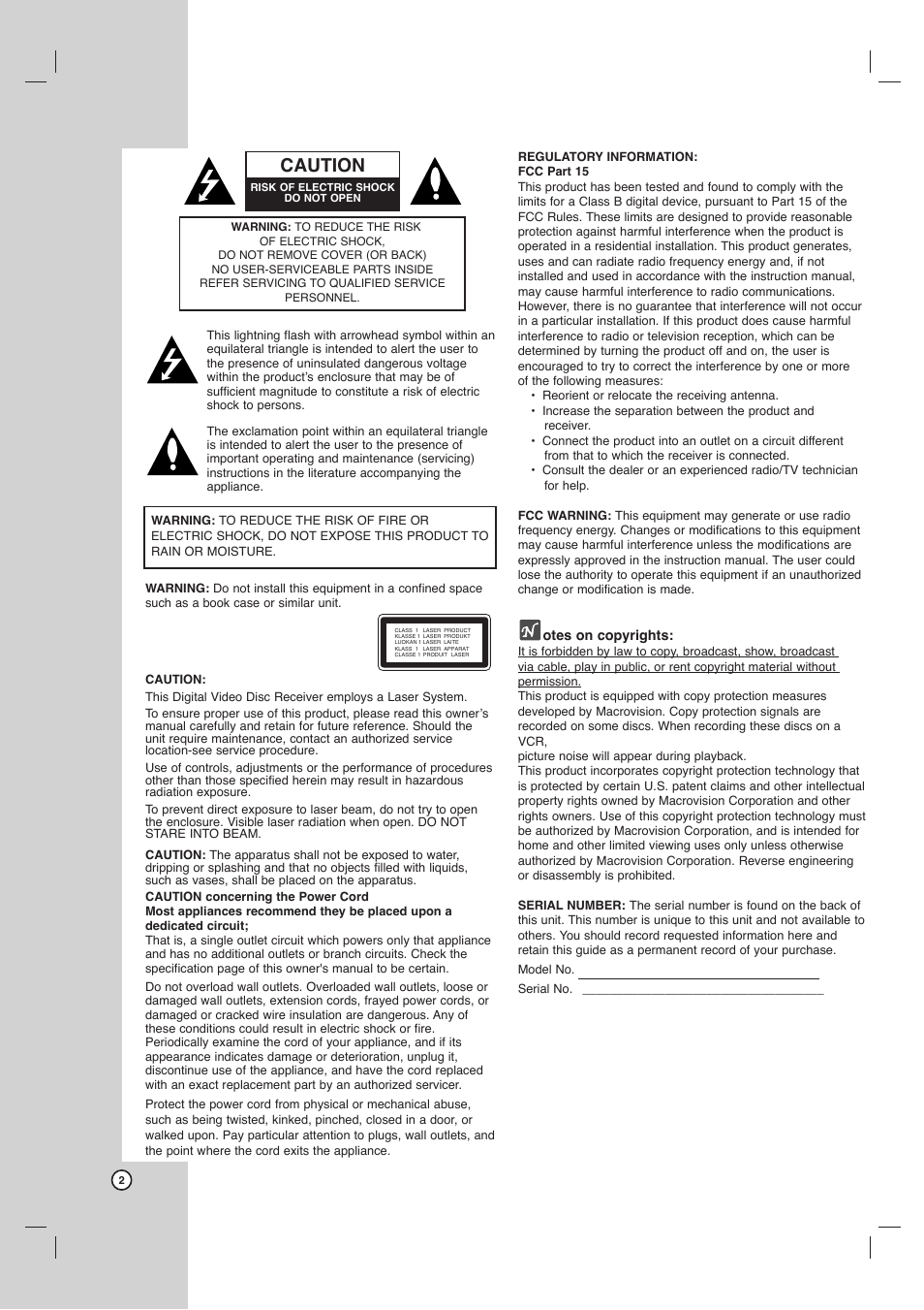 Caution, Otes on copyrights | LG LHX-557 User Manual | Page 2 / 56