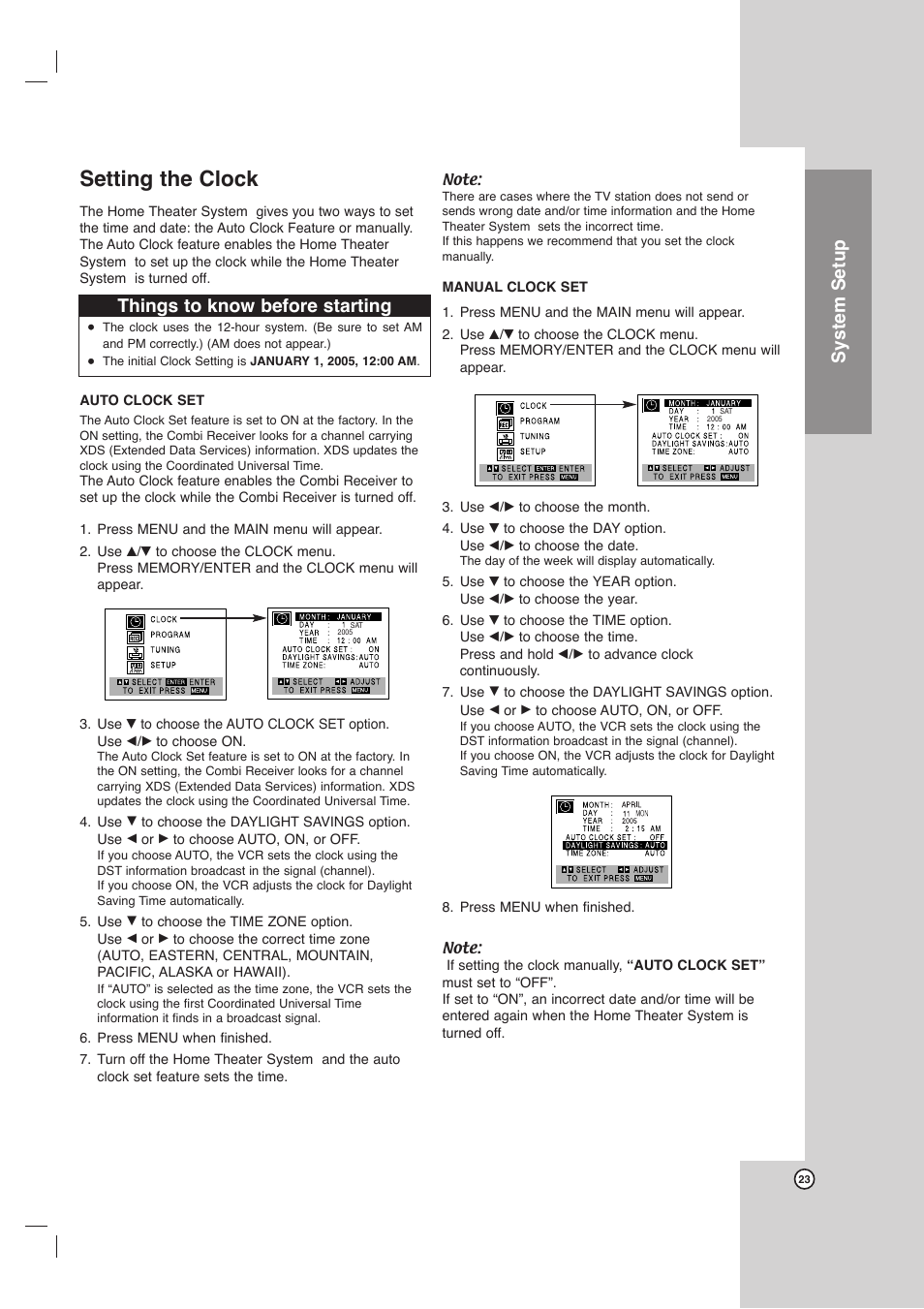 Setting the clock, System setup, Things to know before starting | LG LHX-557 User Manual | Page 23 / 56