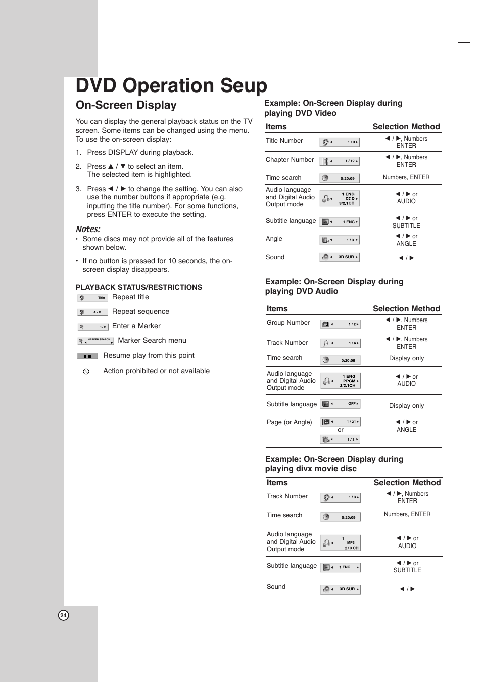 Dvd operation seup, On-screen display, Items | Selection method | LG LHX-557 User Manual | Page 24 / 56