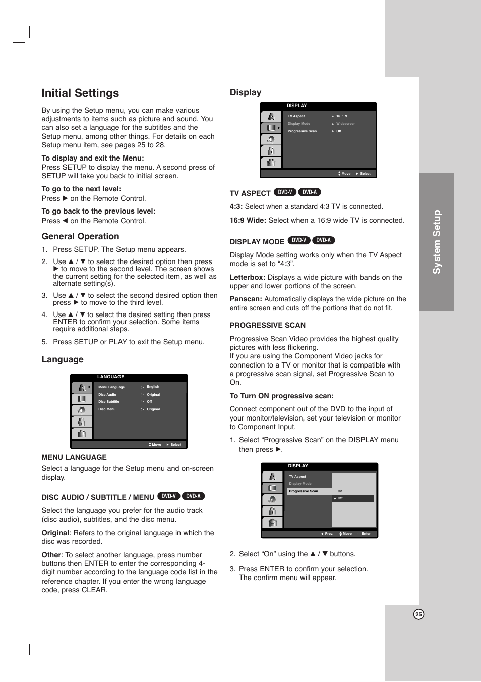 Initial settings, System setup, General operation | Language, Display | LG LHX-557 User Manual | Page 25 / 56