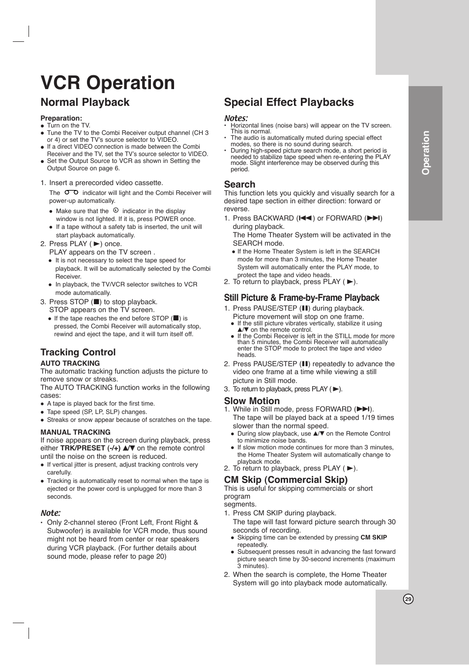 Vcr operation, Normal playback, Special effect playbacks | Operation, Tracking control, Search, Still picture & frame-by-frame playback, Slow motion, Cm skip (commercial skip) | LG LHX-557 User Manual | Page 29 / 56