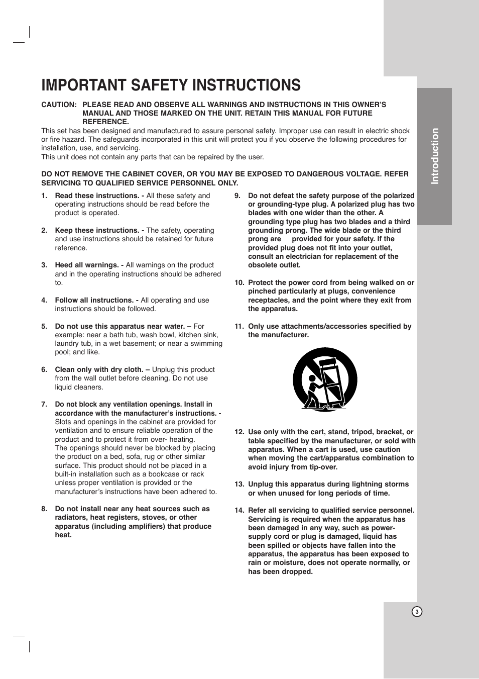 Important safety instructions, Introduction | LG LHX-557 User Manual | Page 3 / 56