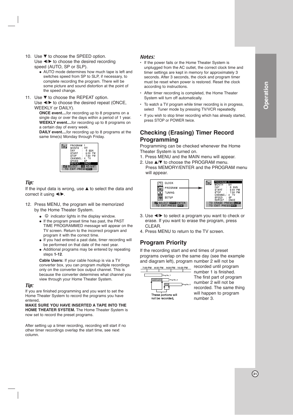 Operation, Checking (erasing) timer record programming, Program priority | LG LHX-557 User Manual | Page 31 / 56