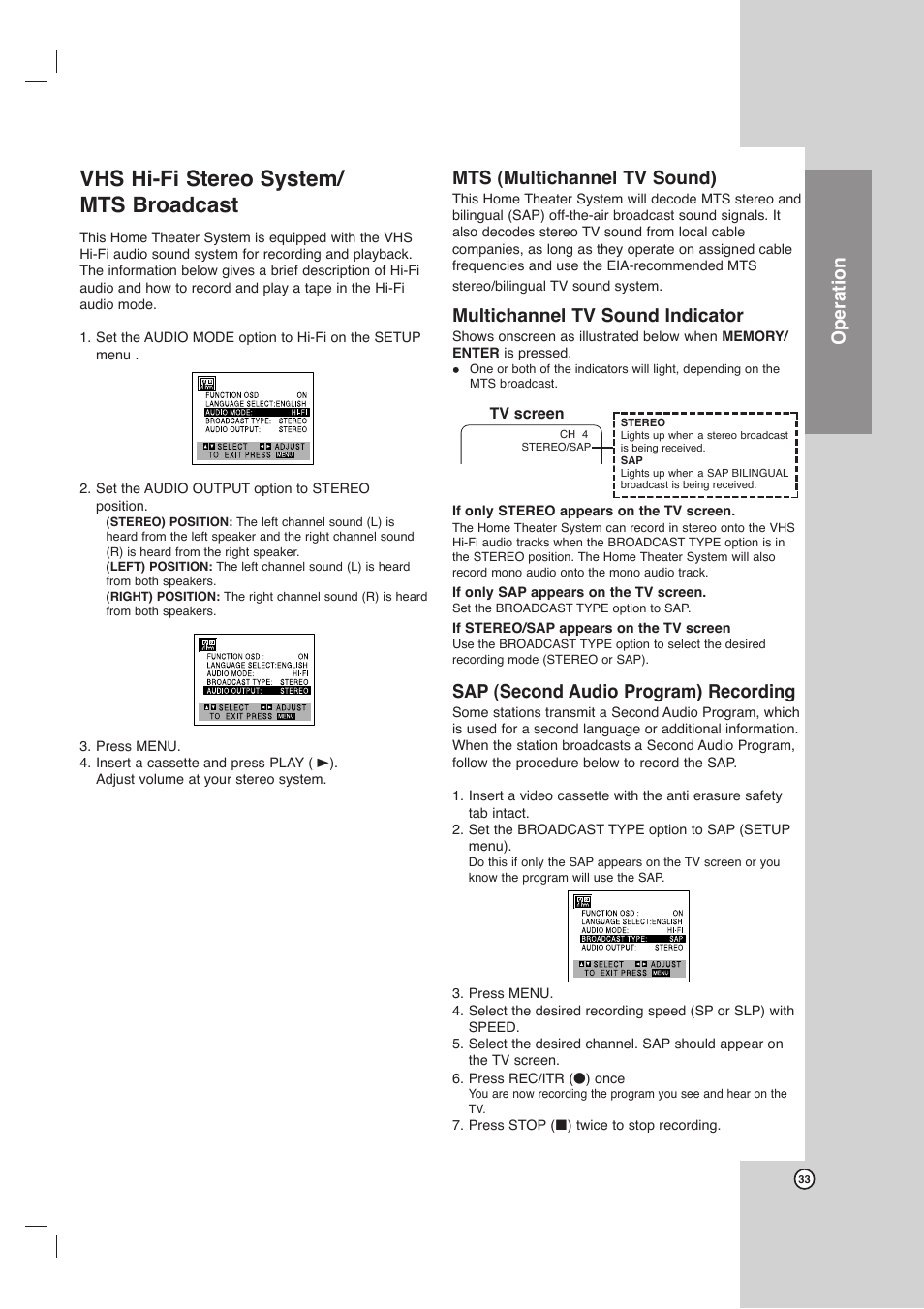 Vhs hi-fi stereo system/ mts broadcast, Operation, Mts (multichannel tv sound) | Multichannel tv sound indicator, Sap (second audio program) recording | LG LHX-557 User Manual | Page 33 / 56