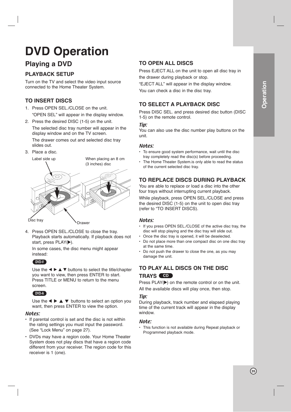 Dvd operation, Playing a dvd, Operation | LG LHX-557 User Manual | Page 35 / 56