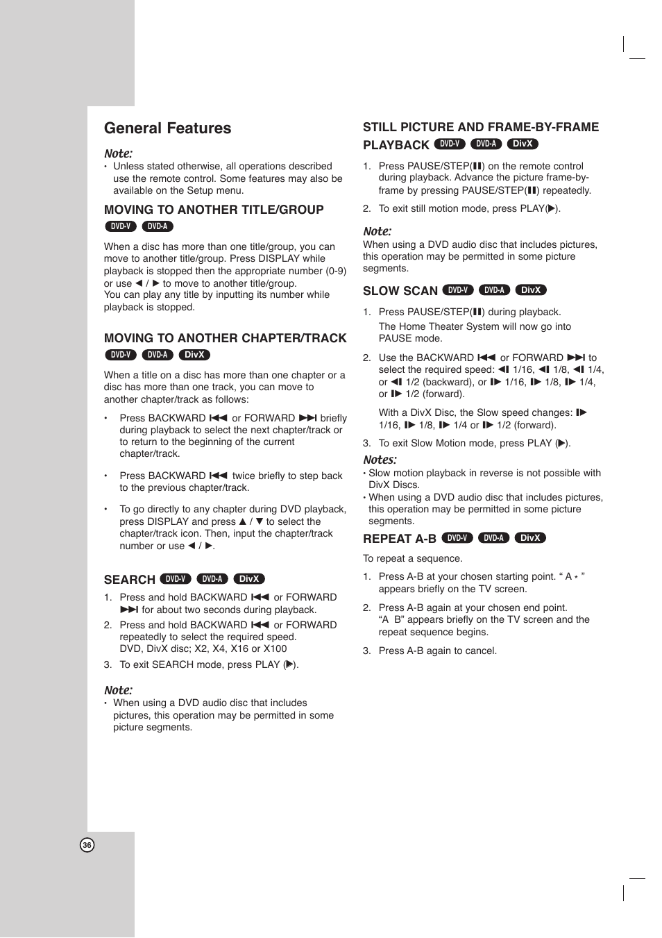 General features | LG LHX-557 User Manual | Page 36 / 56