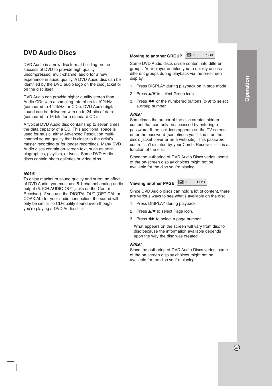 Dvd audio discs, Operation | LG LHX-557 User Manual | Page 39 / 56