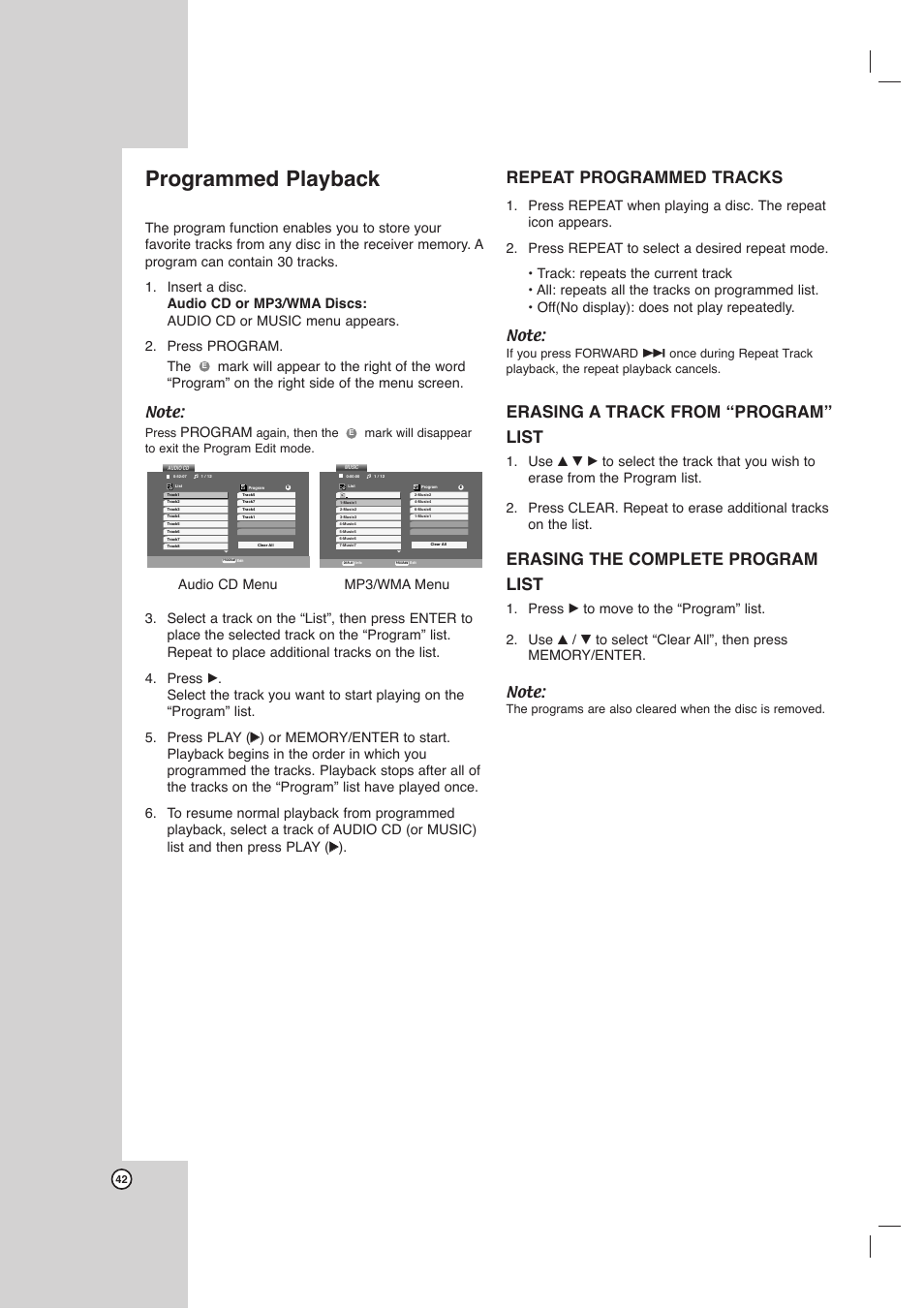 Programmed playback, Repeat programmed tracks, Erasing a track from “program” list | Erasing the complete program list, Program | LG LHX-557 User Manual | Page 42 / 56