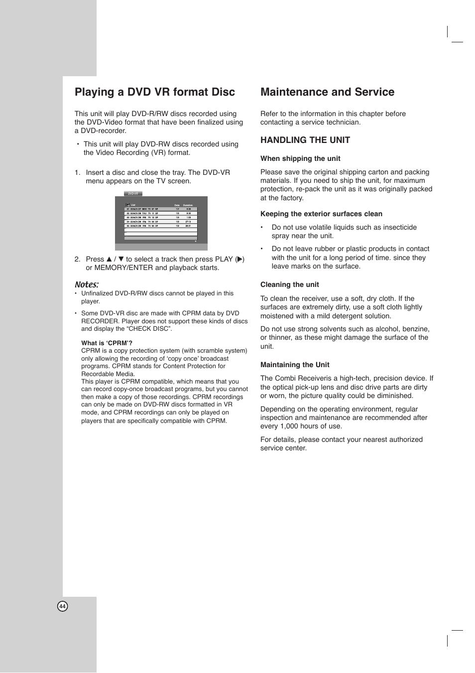 Playing a dvd vr format disc, Maintenance and service | LG LHX-557 User Manual | Page 44 / 56