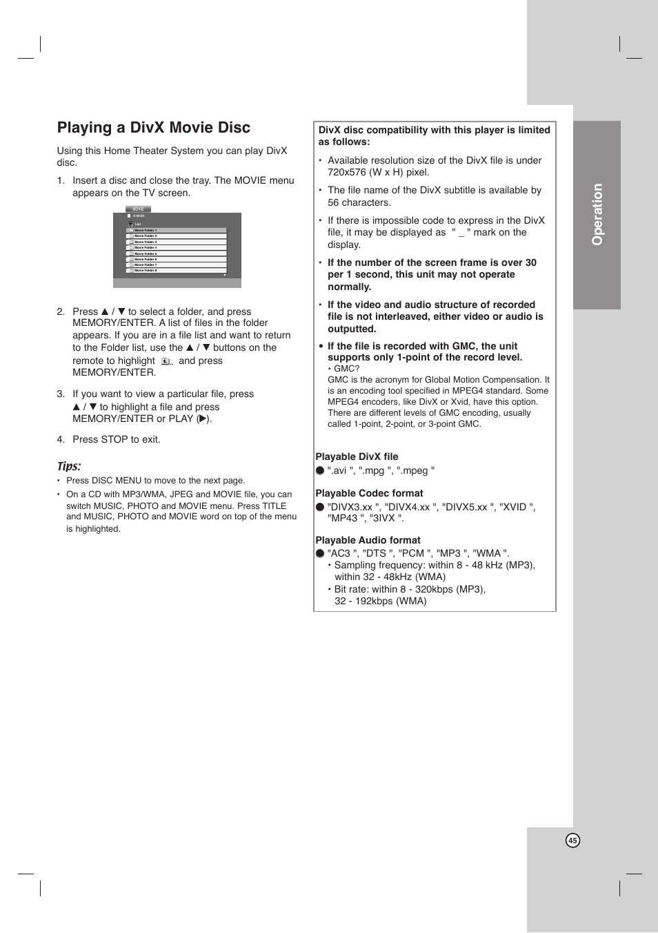 Playing a divx movie disc, Operation | LG LHX-557 User Manual | Page 45 / 56