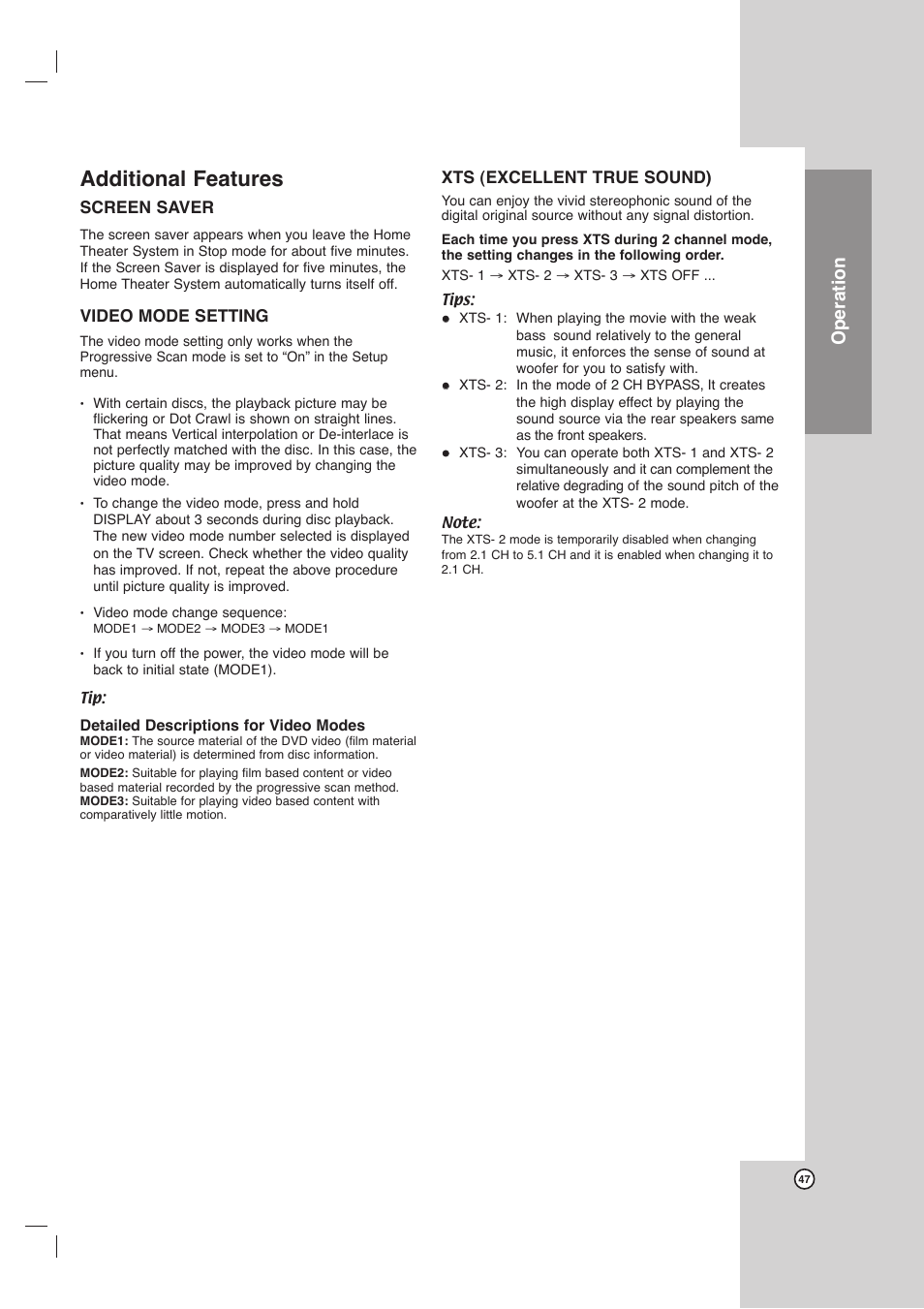 Additional features, Operation | LG LHX-557 User Manual | Page 47 / 56