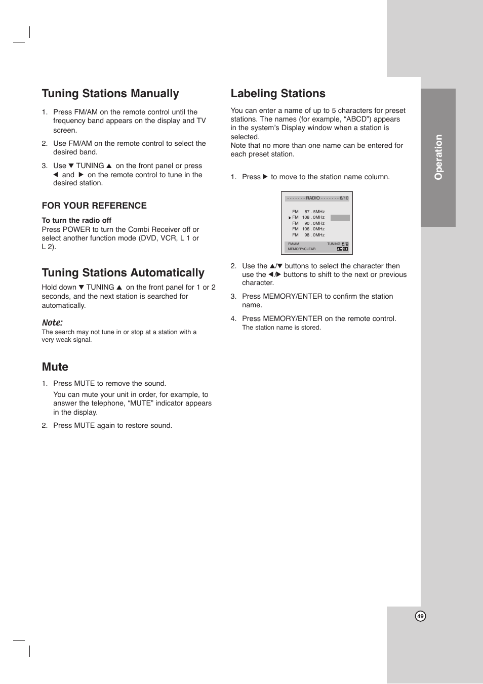 Tuning stations manually, Tuning stations automatically, Mute | Labeling stations, Operation | LG LHX-557 User Manual | Page 49 / 56