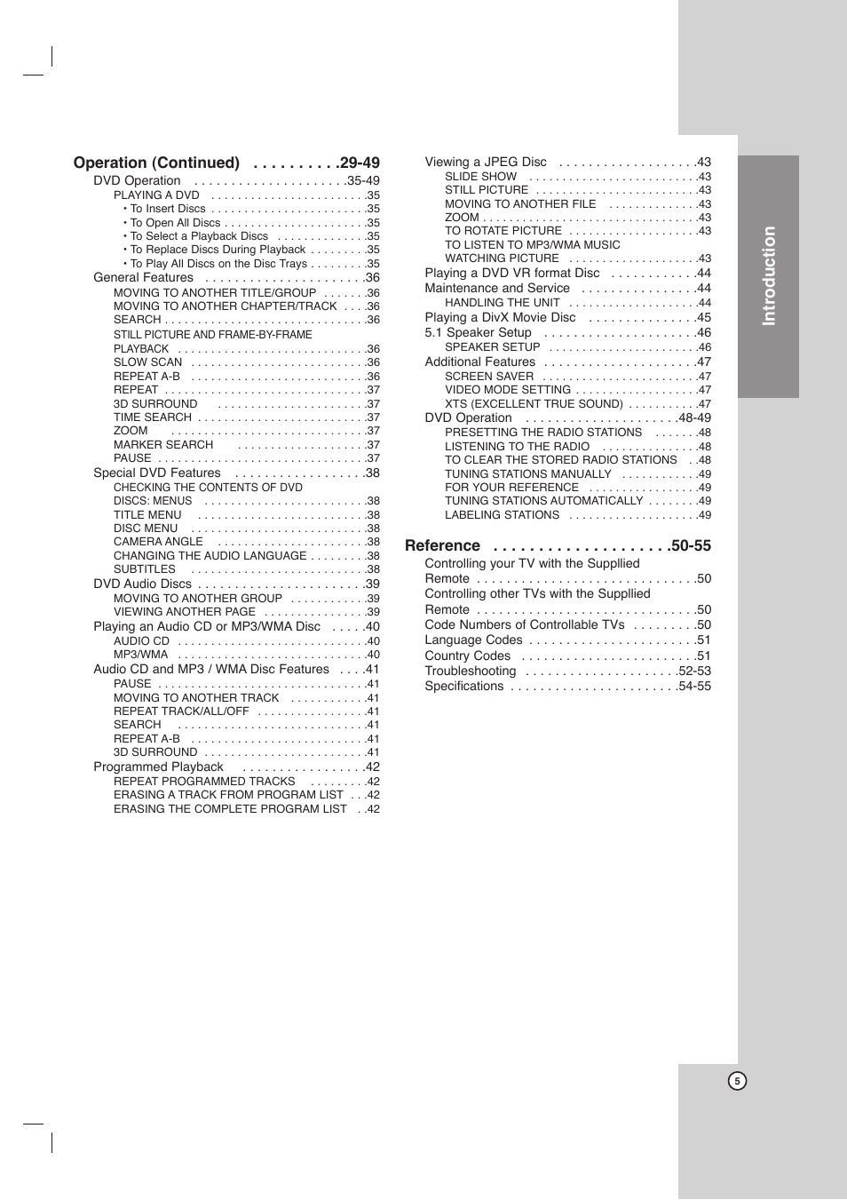 Introduction, Operation (continued) -49, Reference -55 | LG LHX-557 User Manual | Page 5 / 56